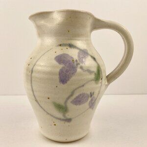 Studio Art Pottery Pitcher, vintage signed 7 inch floral jug, vase, handmade